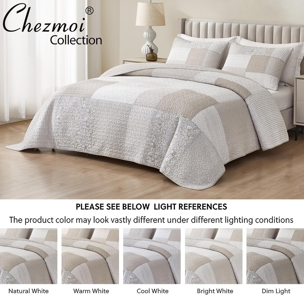 Chezmoi Collection Quinn 3-Piece Neutral Taupe Gray White Floral Hibiscus Flower Candy Stripe Patchwork Quilt Set - Pre-Washed Cotton Coverlet - Lightweight Reversible Bedspread, Super King Size