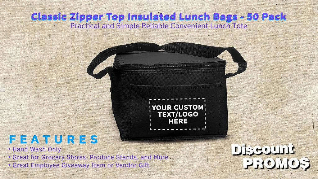 DISCOUNT PROMOS 50 Zipper Top Insulated Lunch Bags Set - Customizable Text, Logo - Non Woven, Vibrant, Black Strap - Black