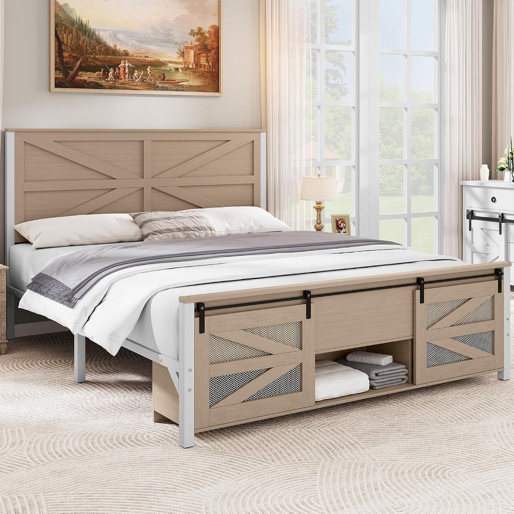 YITAHOME Queen Size Farmhouse Wood Bed Frame with Sliding Barn Door Storage Cabinets and Headboard, Solid Wood Slats Support, Noiseless, No Box Spring Needed, Rustic Brown