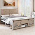 YITAHOME Queen Size Farmhouse Wood Bed Frame with Sliding Barn Door Storage Cabinets and Headboard, Solid Wood Slats Support, Noiseless, No Box Spring Needed, Rustic Brown