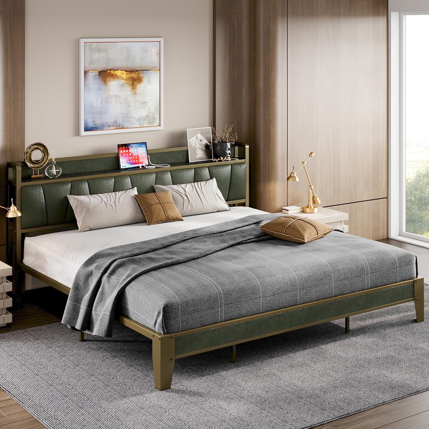 LIKIMIO King Bed Frame, Storage Headboard with Charging Station, Solid and Stable, Noise Free, No Box Spring Needed, Easy Assembly (Dark Green)