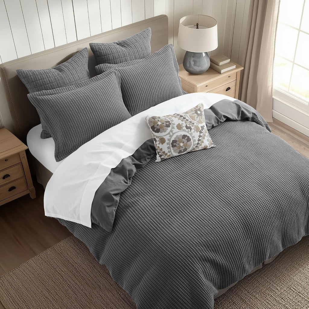 Levtex Home Mills Waffle Queen Duvet Cover Set (90x94in) with 2 Pillow Shams (26x20in) - Charcoal - 100% Cotton Queen Size Duvet Cover Set - Soft, Pre-Washed