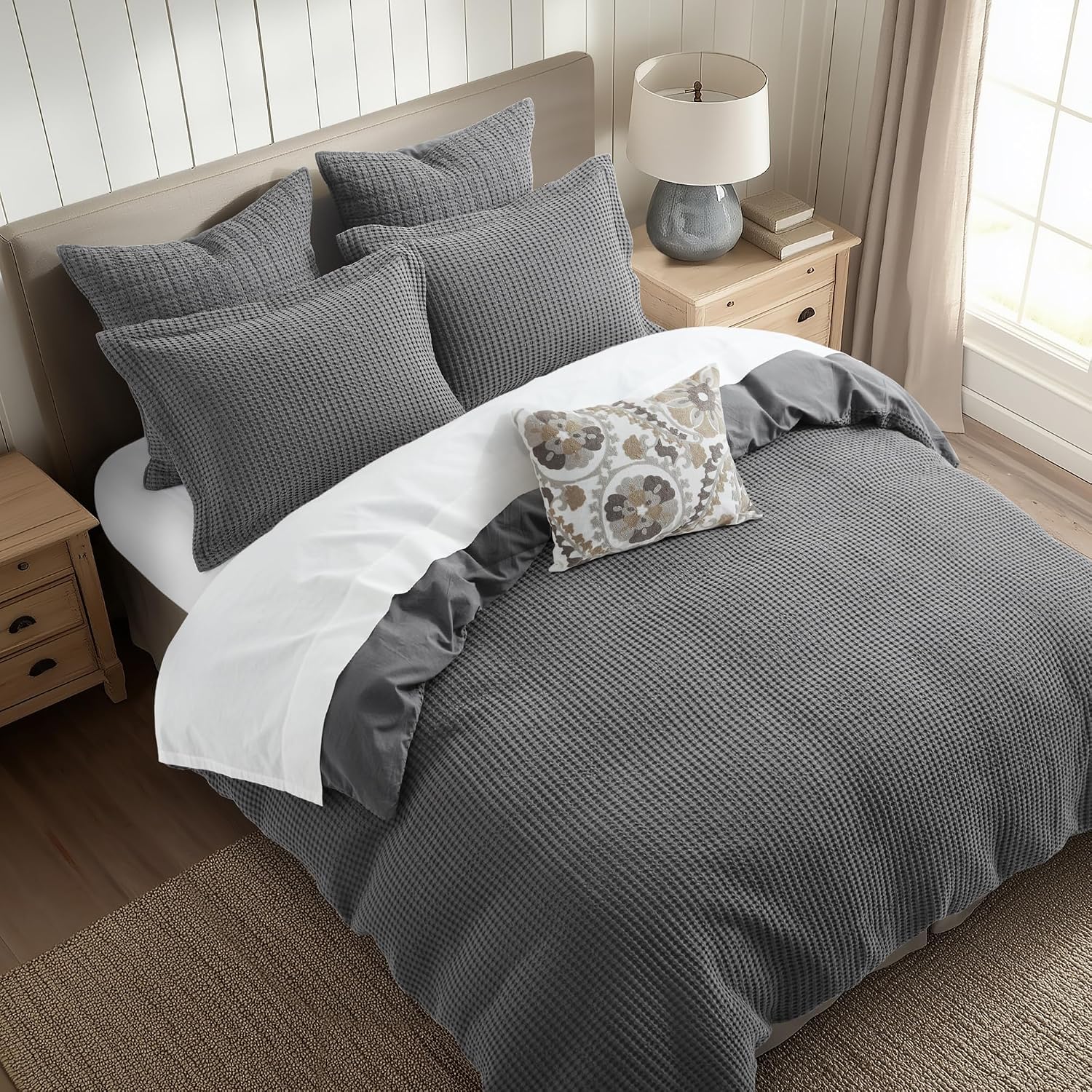 Levtex Home Mills Waffle Queen Duvet Cover Set (90x94in) with 2 Pillow Shams (26x20in) - Charcoal - 100% Cotton Queen Size Duvet Cover Set - Soft, Pre-Washed