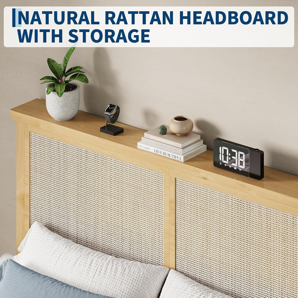 IDEALHOUSE Rattan Bed Frame Full Size with Natural Rattan Headboard & LED Lights, Wood Full Bed Frame with Solid Wood Foundation, No Box Spring Needed, Natural
