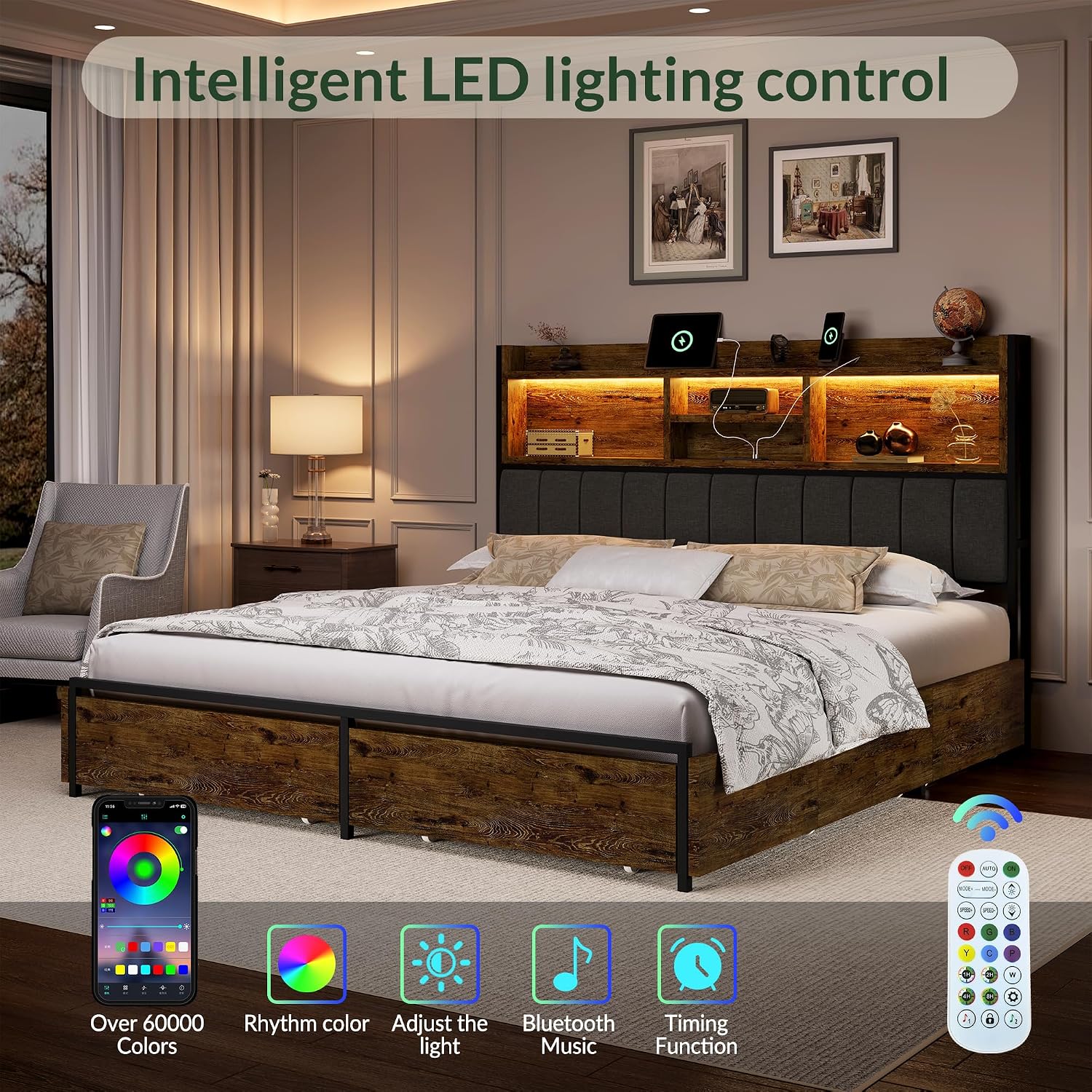 LARMACE King Bed Frame with 6 Storage Drawers, Bed Frame King Size with Linen Upholstered Headboard, Built in Charging Station and LED, No Noise, Metal Support, No Box Spring Needed,Vintage Brown