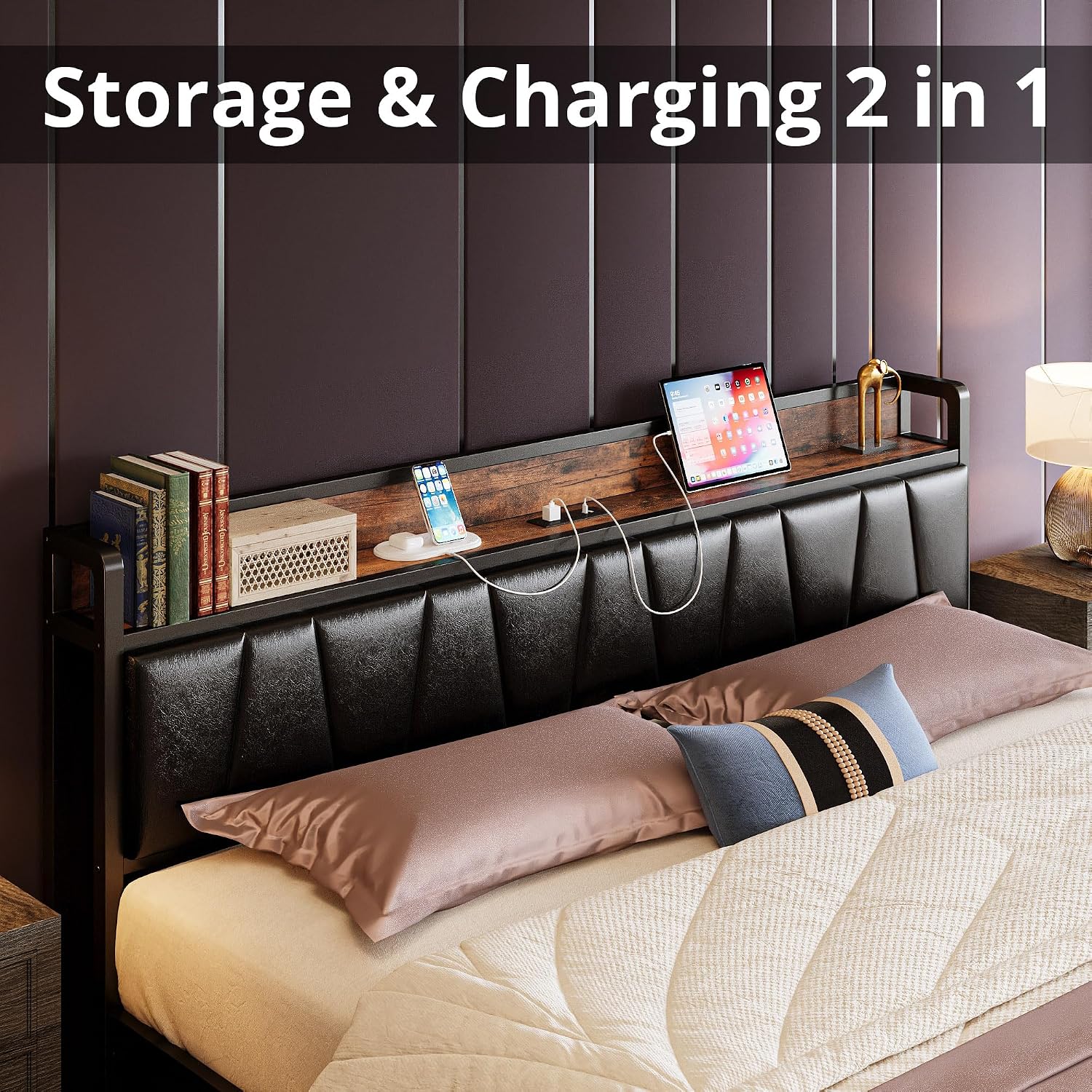 LIKIMIO King Size Bed Frame, Storage Headboard with Charging Station, Platform Bed with Drawers, No Box Spring Needed, Easy Assembly, Vintage Brown and Black