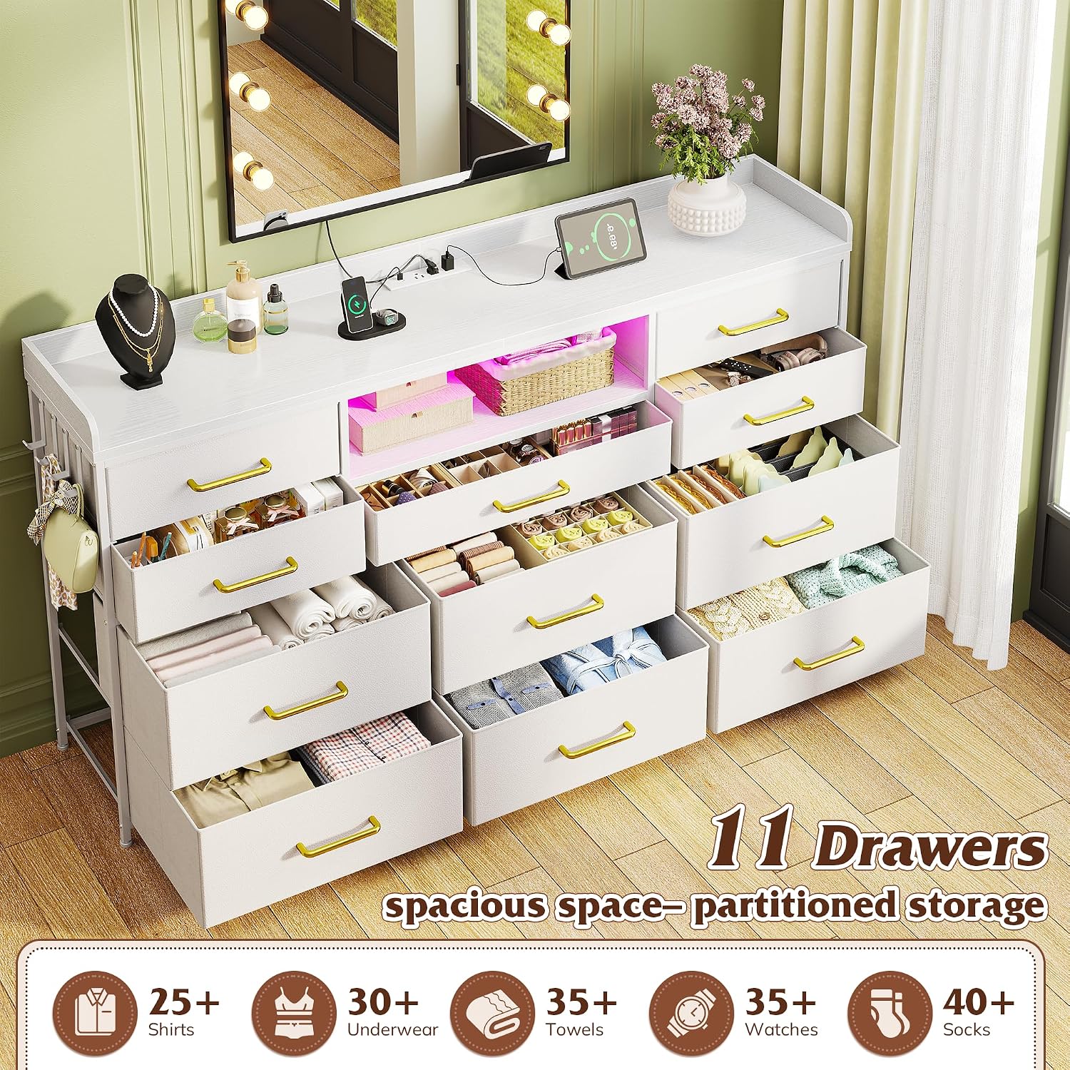EnHomee Dresser TV Stand with 11 Drawers, 60' TV Stand with LED Lights & Power Outlets, White Dresser for Bedroom with Shelves & 5 Hooks for Dorm, Hallway