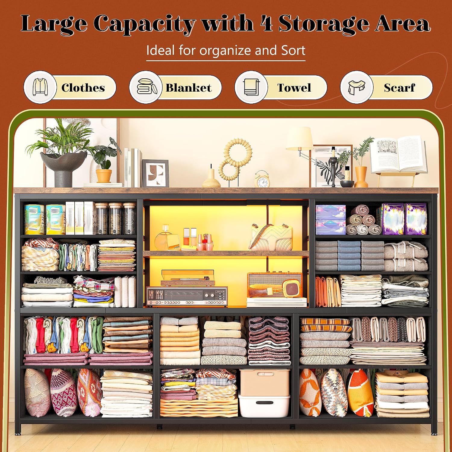 EnHomee 12 Drawers Dresser for Bedroom with LED Lights & Charging Station,TV Stand for 55/60'' TV, Fabric Dressers & Chests of Drawers with 3 Wooden Shelves for Hallway,Sturdy,Rustic Brown