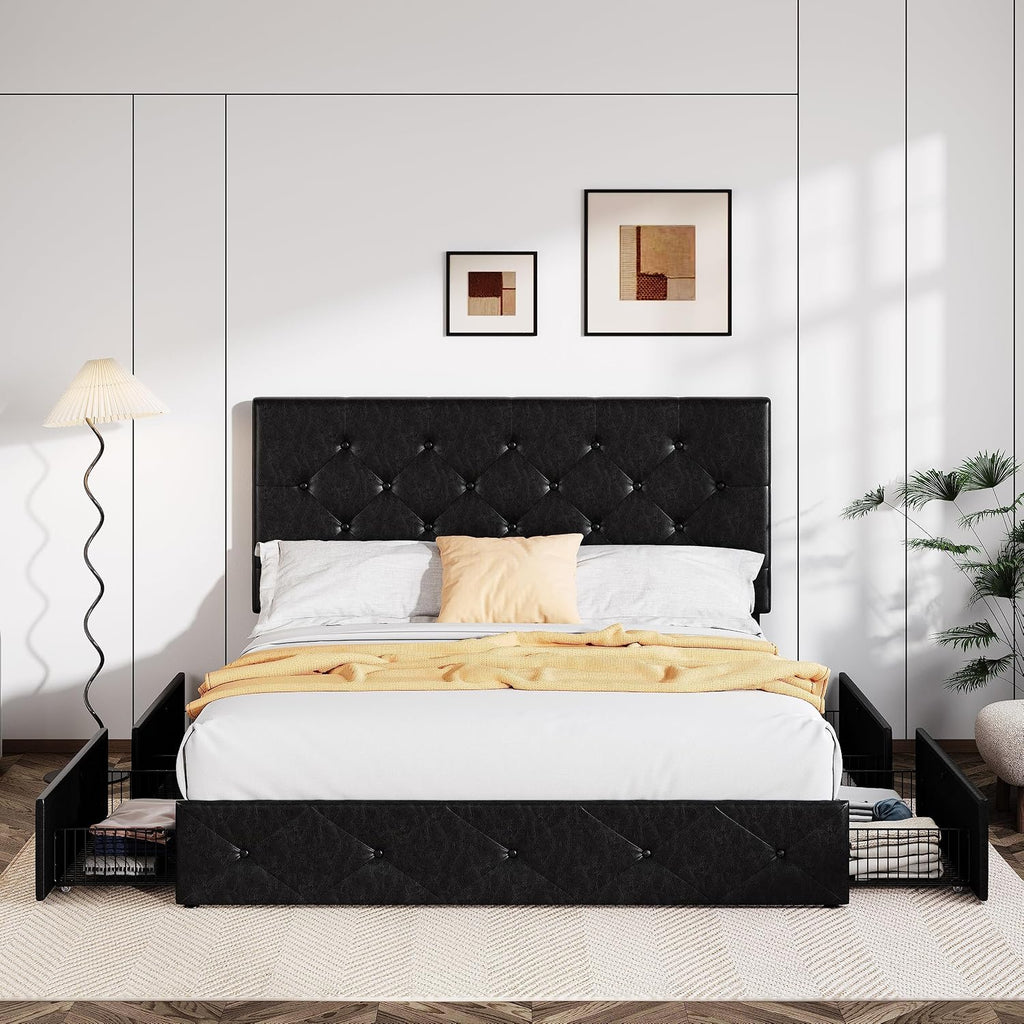 Allewie Upholstered Full Size Platform Bed Frame with 4 Storage Drawers and Headboard, Diamond Stitched Button Tufted, Mattress Foundation with Wooden Slats Support, No Box Spring Needed, Black