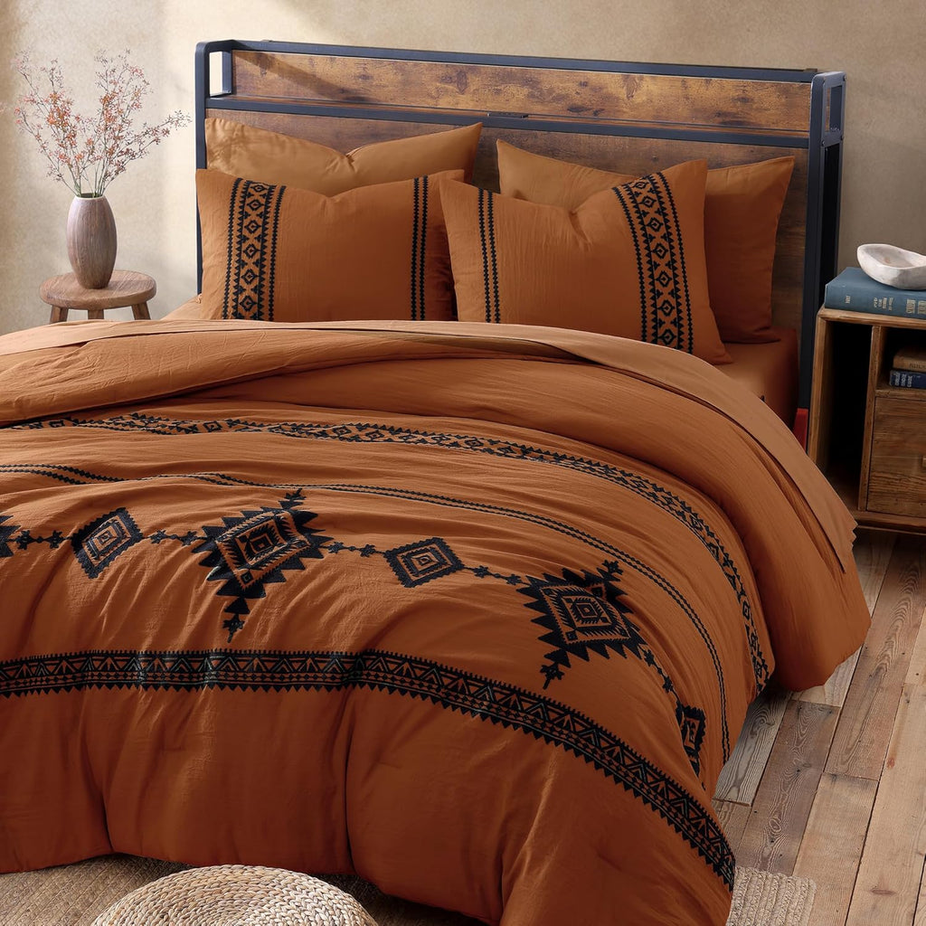 MaiRêve Super King Plus Comforter Set Burnt Orange, Embroidery Western Boho Bedding Set 7 Pieces, All Season Farmhouse Bed in A Bag Comforter Set with Sheets, Pillowcases & Shams