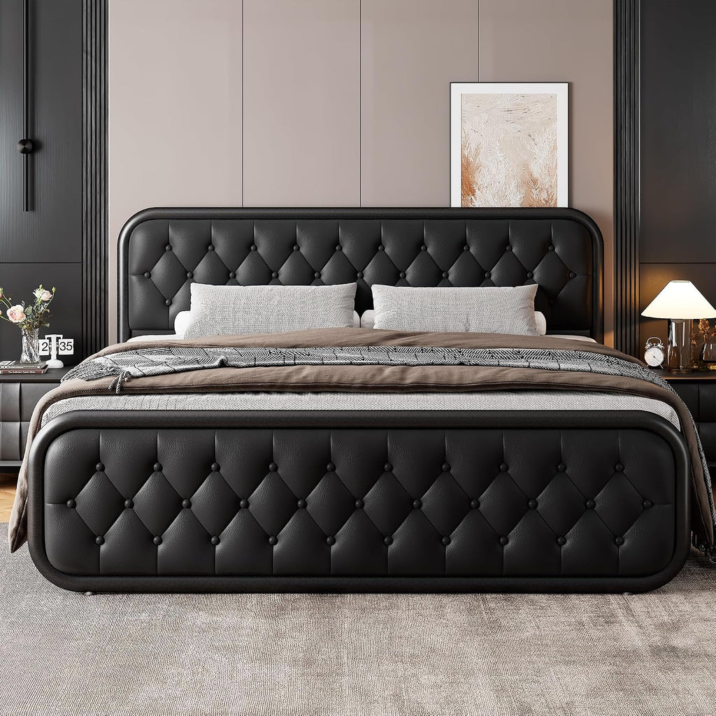 GalnFu King Metal Bed Frame, Upholstered Bed with Leather Button-Tufted Headboard & Footboard, Heavy-Duty U-Shape Platform Bed, Easy Assembly, Black