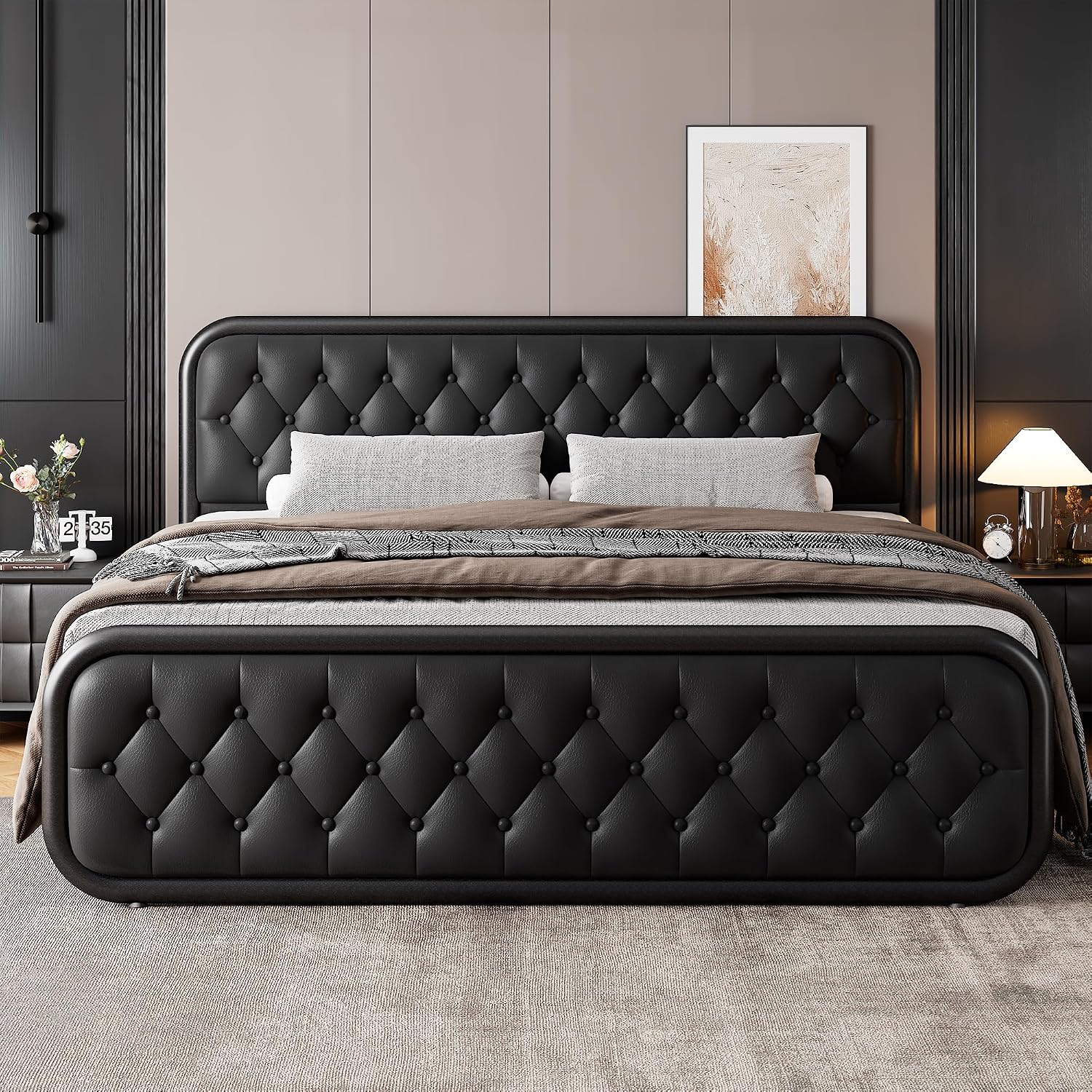 GalnFu King Metal Bed Frame, Upholstered Bed with Leather Button-Tufted Headboard & Footboard, Heavy-Duty U-Shape Platform Bed, Easy Assembly, Black