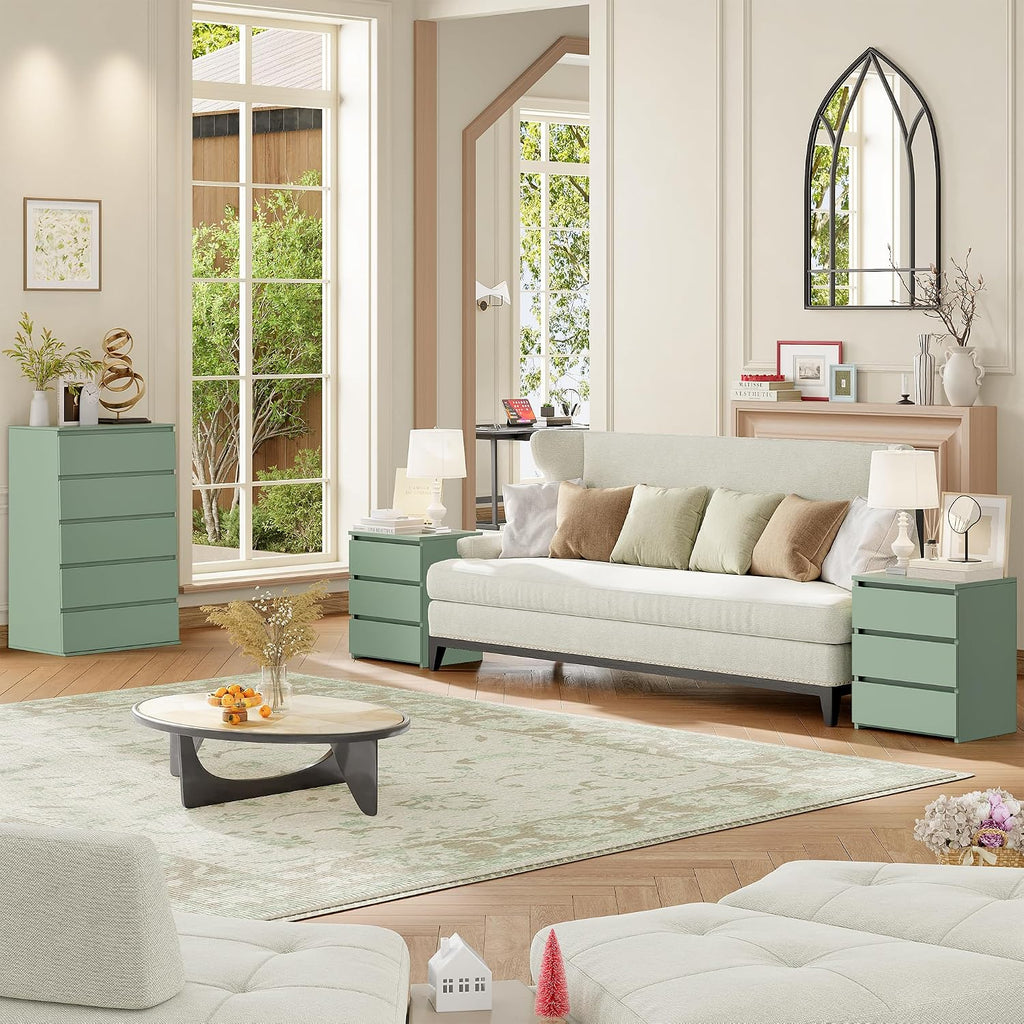 FOTOSOK Bedroom Set, 5 Drawer Dresser and Nightstand Sets for Bedroom, 3 Piece Bedroom Set, Night Stand Set of 2 & White Dresser Set, Chest of Drawers Storage Cabinet Set, Green