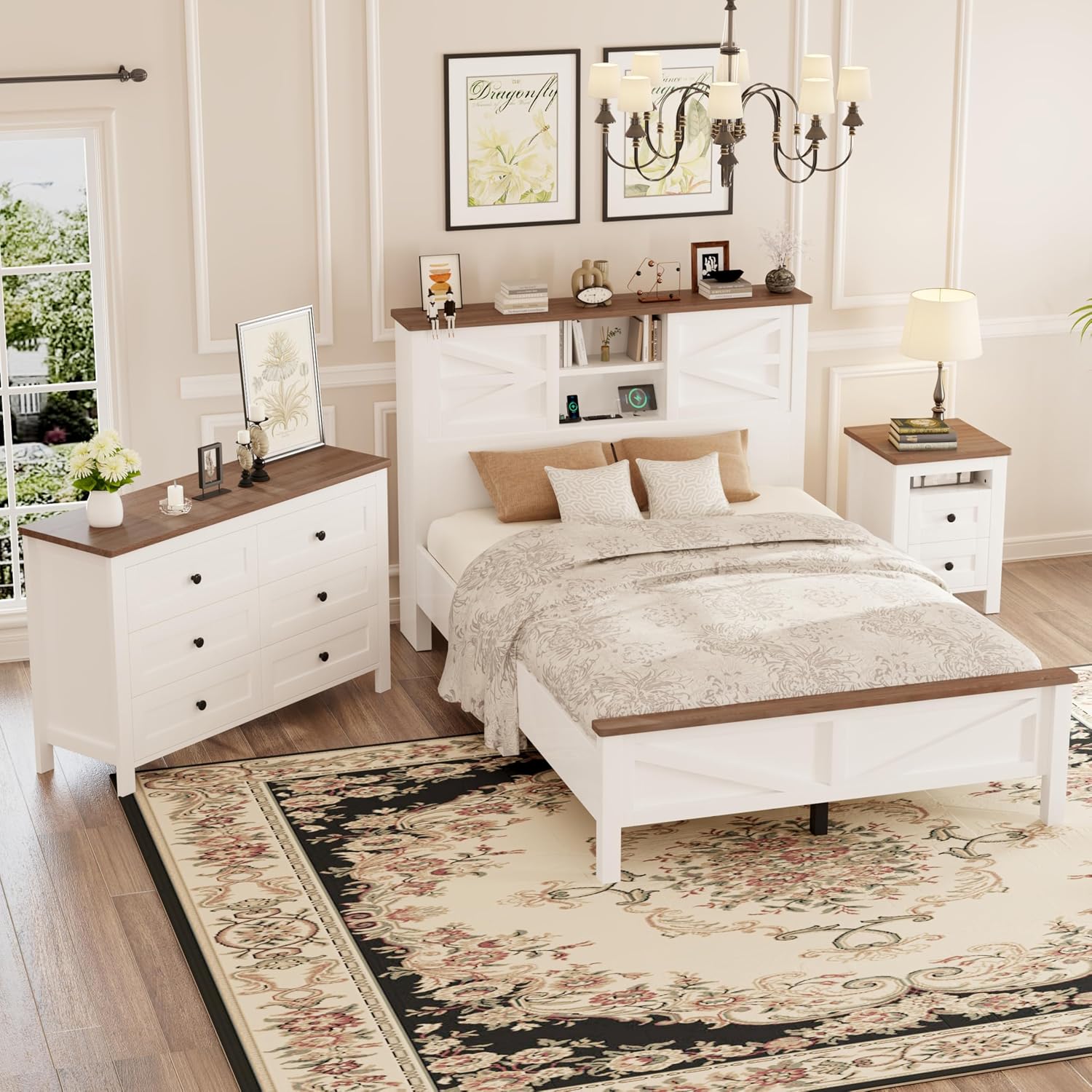 LUMISOL 3-Piece Full Size Bedroom Set, Rustic Wooden Platform Bed with Storage Headboard & Charging Stations, a Nightstand and Dresser, Full Size Farmhouse Bedroom Furniture Set, White