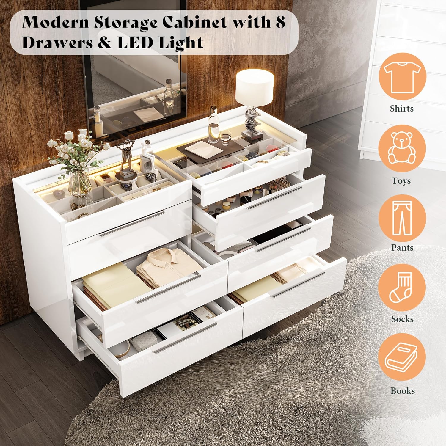 AMERLIFE 4 Piece Bedroom Furniture Set, 2 Nightstands with Charging Station, 8 Drawer Dresser with LED Light & 5 Drawer Chest, Modern High Gloss UV Finish, Bedroom Storage Organizer, White