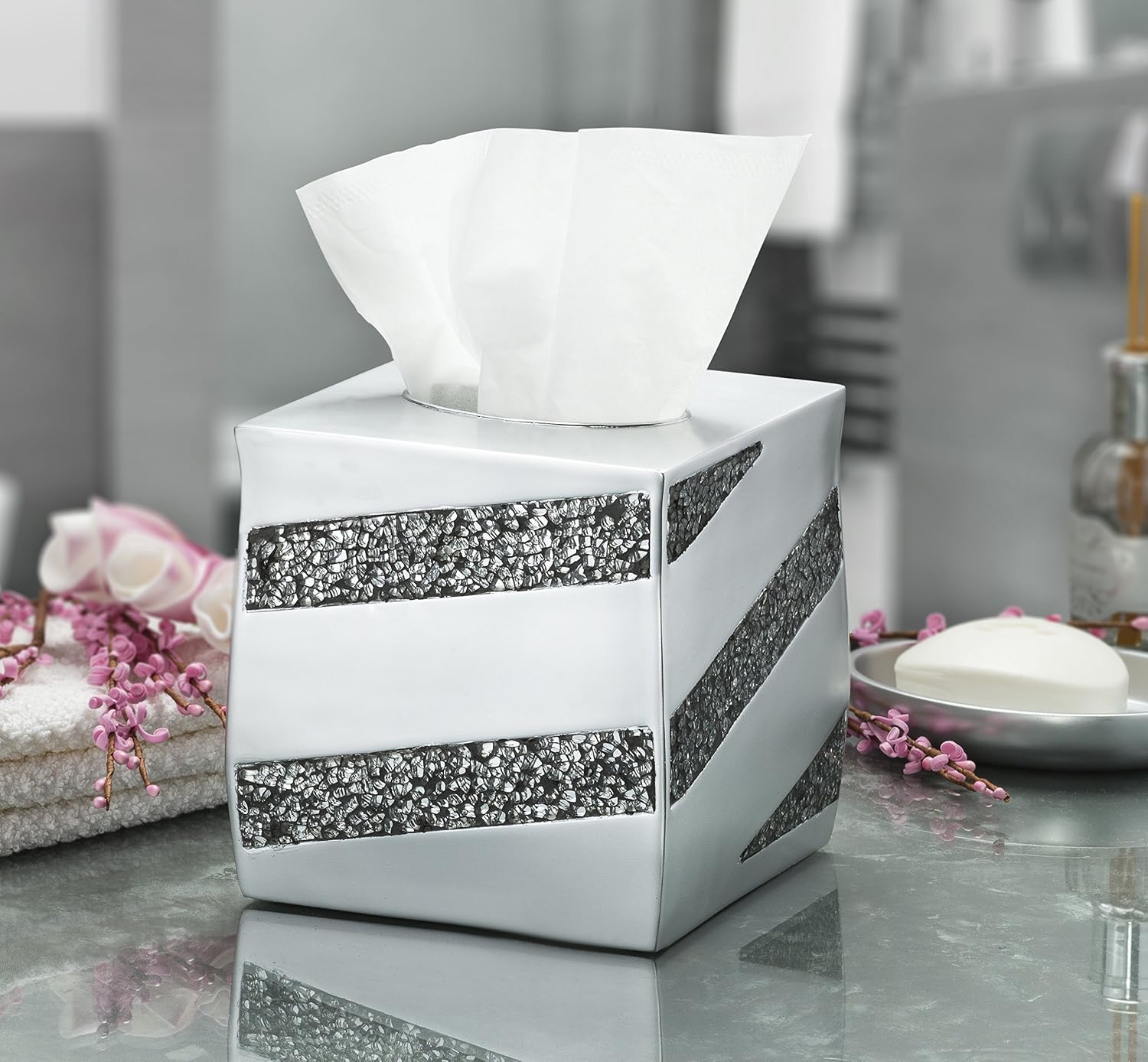 Creative Scents Silver Mosaic Bathroom Accessories Set Complete - 6 Piece Bathroom Set Includes: Bathroom Trash Can, Tissue Cover, Soap Dispenser, Toothbrush Holder, Tumbler & Soap Dish