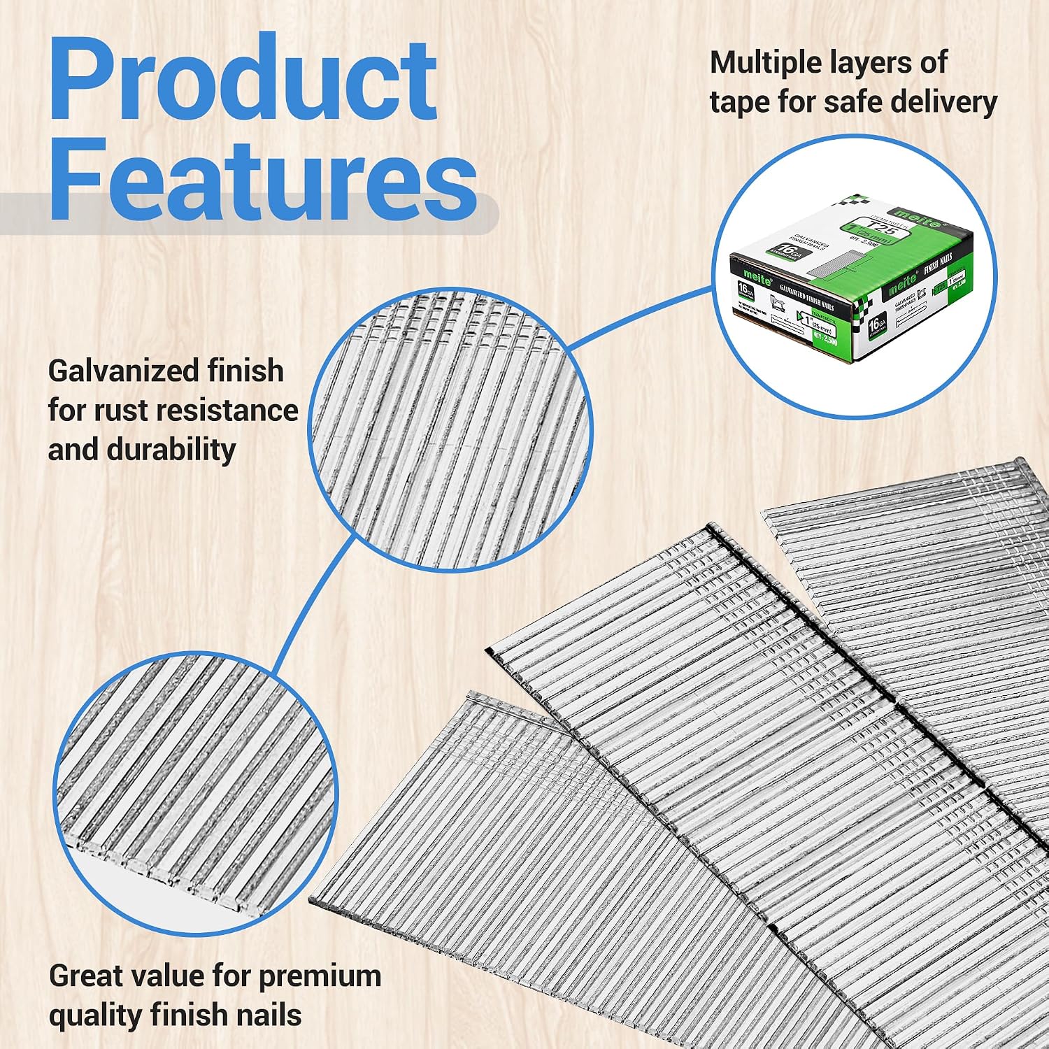 meite 16 Gauge Finish Nails 1 Inch Galvanized Straight Finishing Nails for Finish Nailer Gun, 16GA Small Head Nails for Window Casing Baseboard Crown Molding, 1 Case/45,000PCS