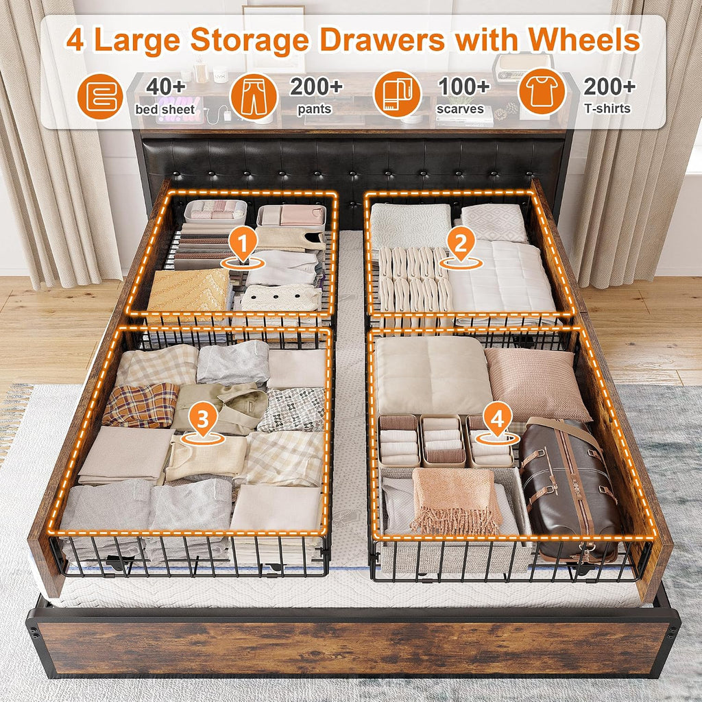 EnHomee Full Bed Frame with 4 Storage Drawers and Headboard Upholstered Bed Frame Full Size with Charging Station, No Noise, Metal Support, No Box Spring Needed,Vintage Brown