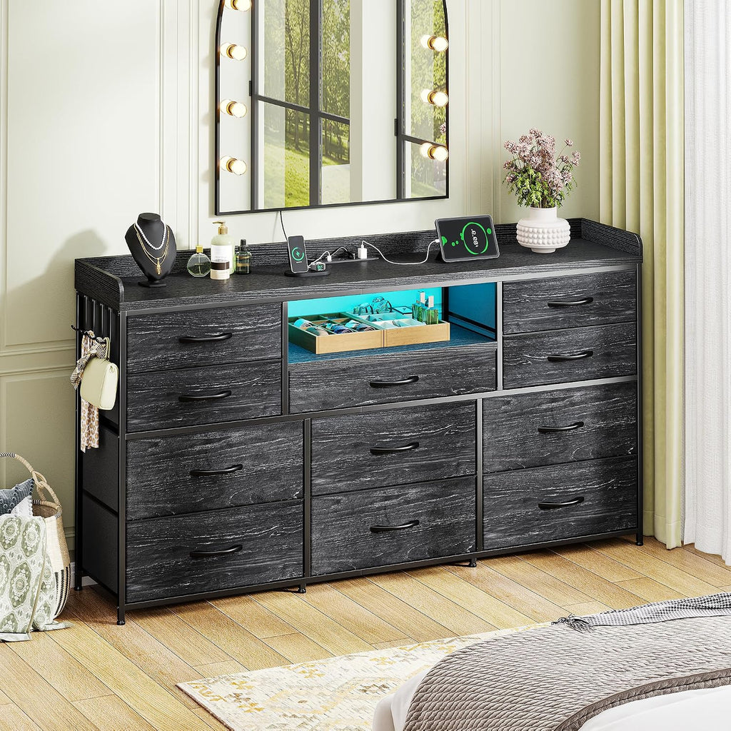 EnHomee Dresser TV Stand with 11 Drawers, 60' TV Stand with LED Lights & Power Outlets, Long Dresser for Bedroom with Shelves & 4 Hooks for Dorm, Hallway, Charcoal Black