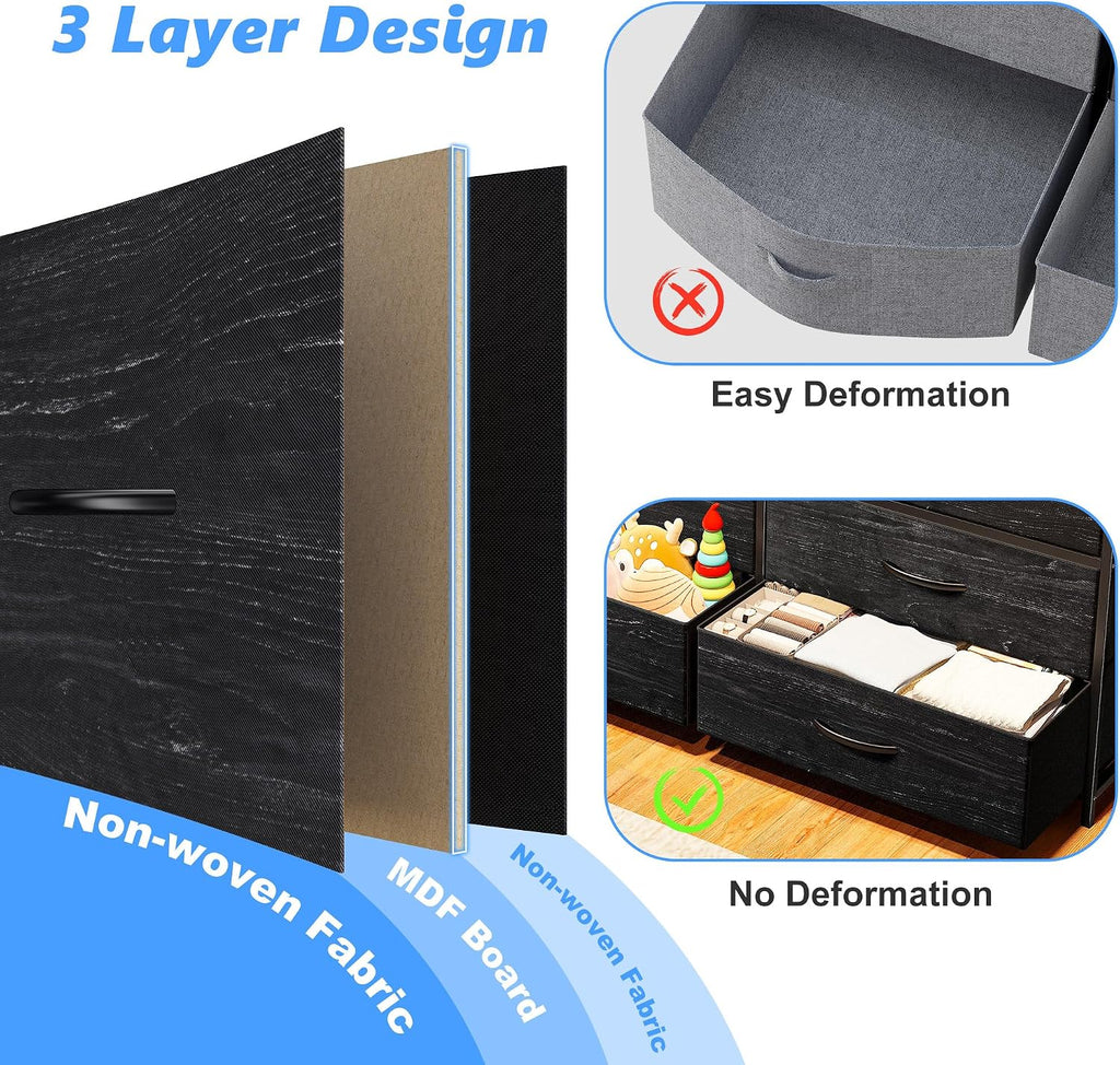EnHomee 55' W Dresser for Bedroom with 10 Fabric Drawers Long Dresser with LED Lights & Power Outlets Dressers & Chests of Drawers Large Organizer for Bedroom, Metal Frame, Wood Top, Charcoal Black