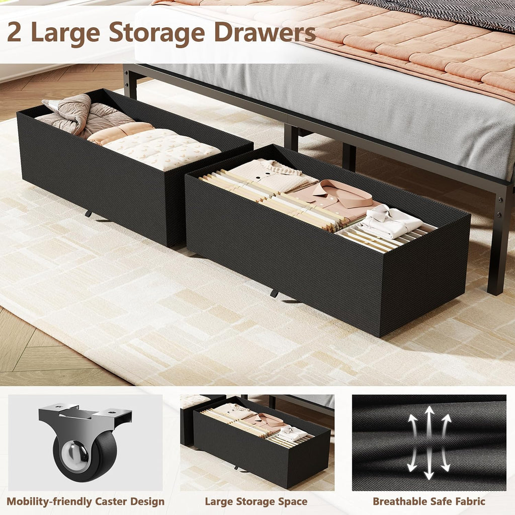 Furnulem Queen Bed Frame with Charging Station and LED Lights, Upholstered Headboard, Metal Platform Bed with 2 Fabric Storage Drawers, Noise Free, No Box Spring Needed, Gery