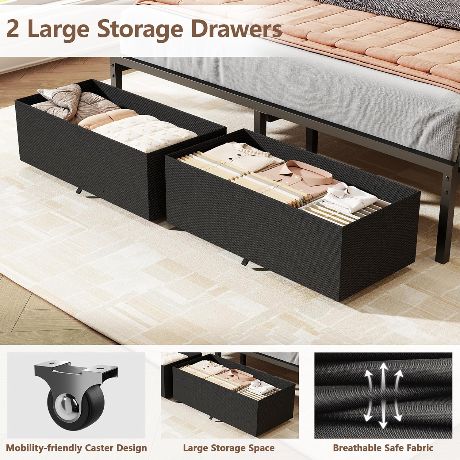Furnulem Queen Bed Frame with Charging Station and LED Lights, Upholstered Headboard, Metal Platform Bed with 2 Fabric Storage Drawers, Noise Free, No Box Spring Needed, Gery