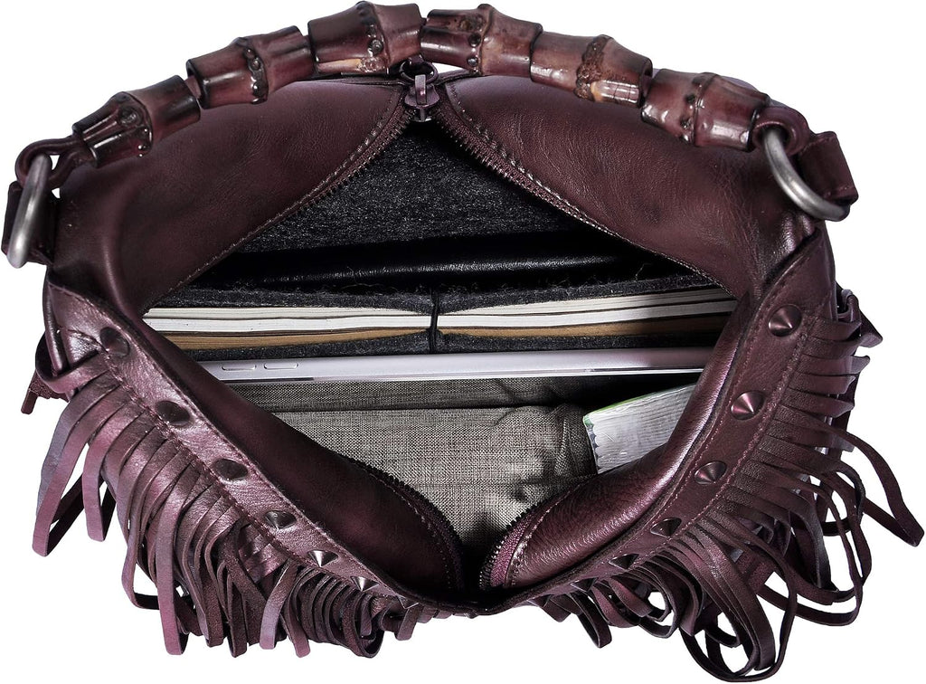 ZLYC Women's Leather Bamboo Hand Strap Featured Fringe Bohemian Tassel Studed Cross Body Bag