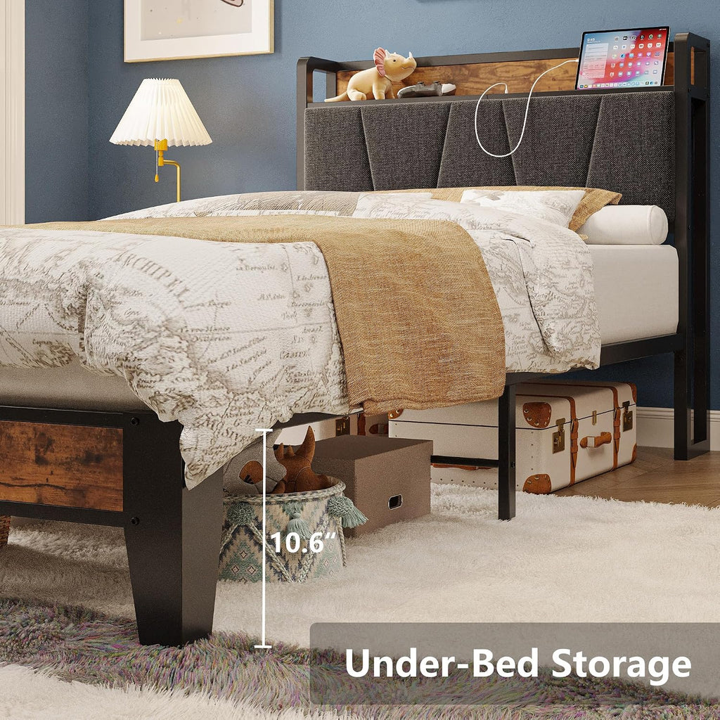 LIKIMIO Twin XL Bed Frames, Storage Headboard with Charging Station, Solid and Stable, Noise Free, No Box Spring Needed, Easy Assembly