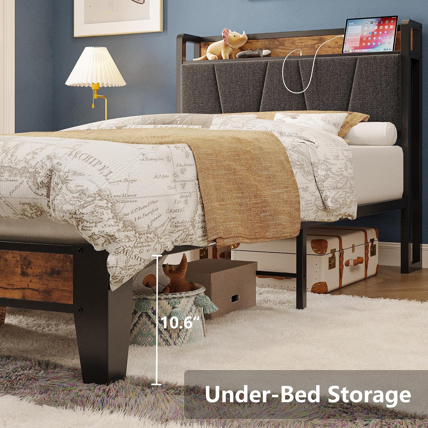 LIKIMIO Twin XL Bed Frames, Storage Headboard with Charging Station, Solid and Stable, Noise Free, No Box Spring Needed, Easy Assembly