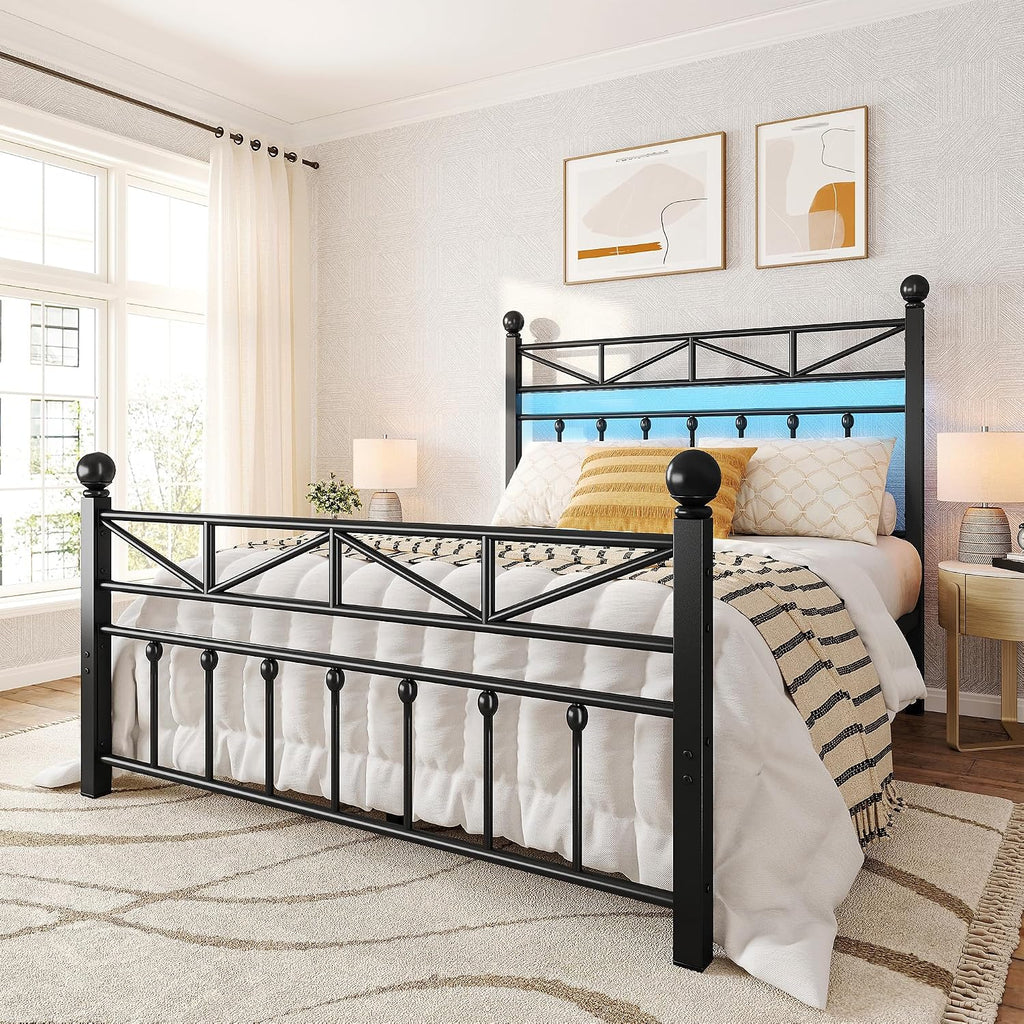EnHomee 14.2' Metal Full Size Bed Frame with Tall Headboard & Footboard, LED Light Full Bed Frame, Strong Metal Slats Support and Noise-Free Design with Under Bed Storage/No Box Spring Needed/Black
