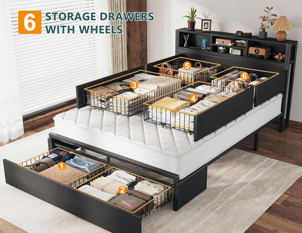 EnHomee Full Size Bed Frame with 6 Storage Drawers, Headboard & Charging Station, Noise-Free Metal Platform Bed, No Box Spring Needed,Black