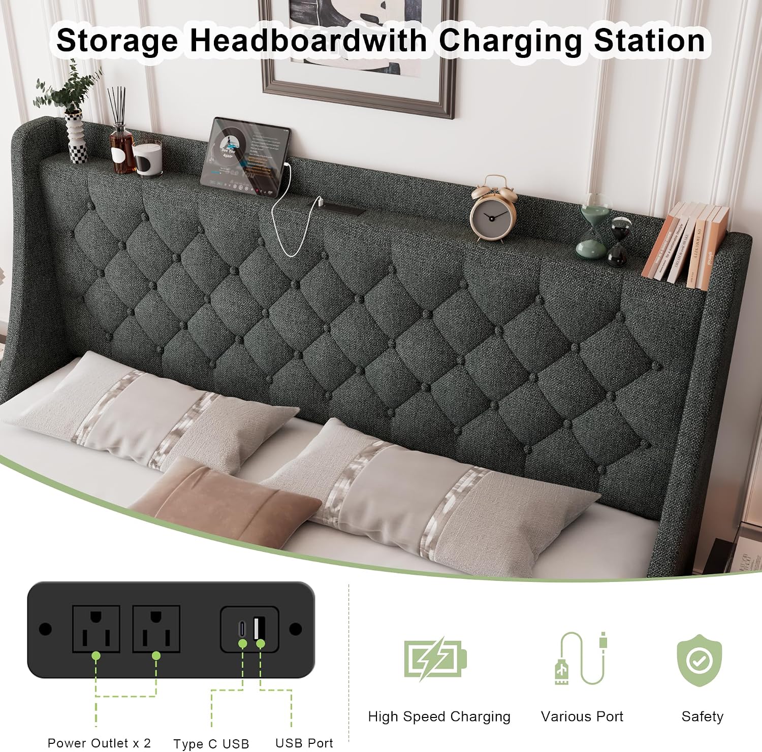 Feonase King Size Bed Frame with 4 Storage Drawers, Upholstered Storage Bed with Charging Station, Tufted Wingback Headboard, No Box Spring Needed, Dark Grey