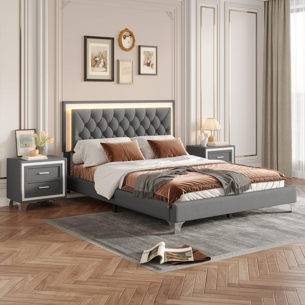 Flieks Bedroom Sets, 3-Pieces Bedroom Sets, Queen Size Upholstered Platform Bed with LED Lights and 2 Nightstands, Gray