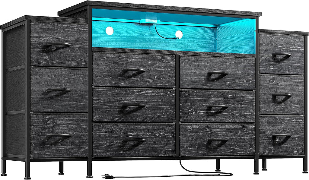 EnHomee 55' W Dresser for Bedroom with LED Lights & Charging Station 12 Drawer Dressers & Chests of Drawers Dresser TV Stand for Bedroom for Hanging 65' TV, Metal Frame & Fabric Drawers, Black