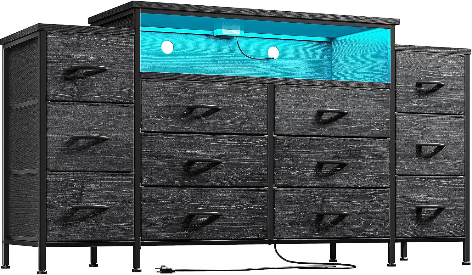EnHomee 55' W Dresser for Bedroom with LED Lights & Charging Station 12 Drawer Dressers & Chests of Drawers Dresser TV Stand for Bedroom for Hanging 65' TV, Metal Frame & Fabric Drawers, Black