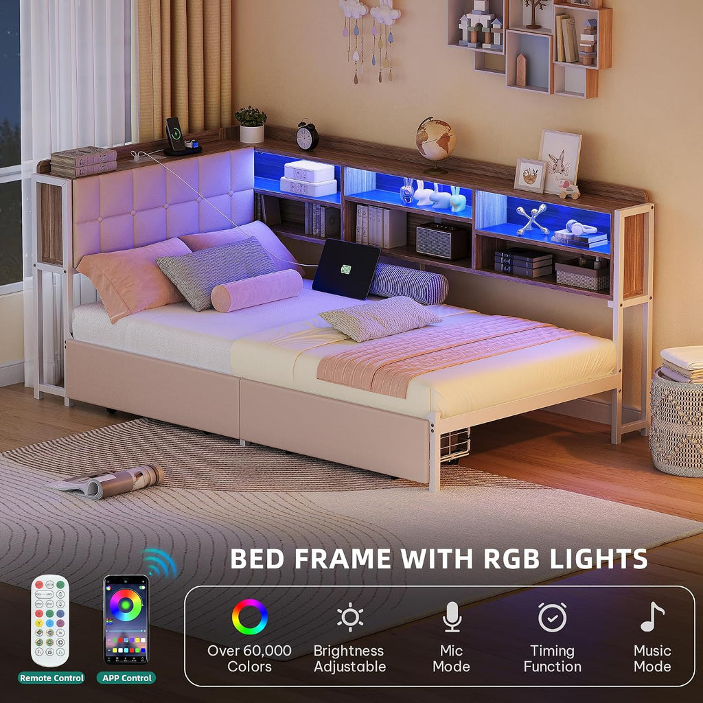 Twin Corner Bed Frame with Storage Drawers and Bookcase & Flip-up Storage Headboard, Twin Size Platform Corner Bed Frame with Charging Station and LED Lights, Twin Daybed for Dorm or Guests, Beige