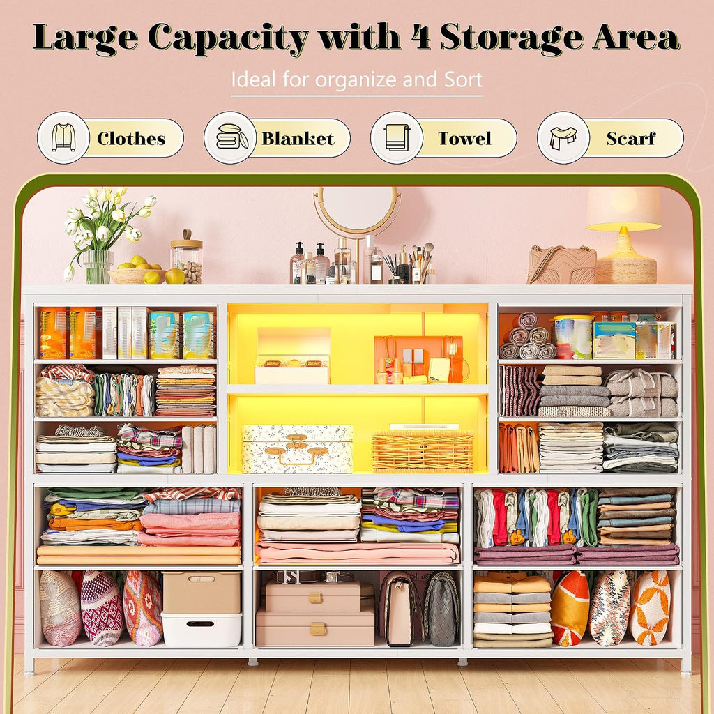 EnHomee 12 Drawers Dresser for Bedroom with LED Lights & Charging Station, TV Stands for 55/60'' TV, Fabric Dressers & Chests of Drawers with 3 Wooden Shelves for Hallway,Sturdy,White