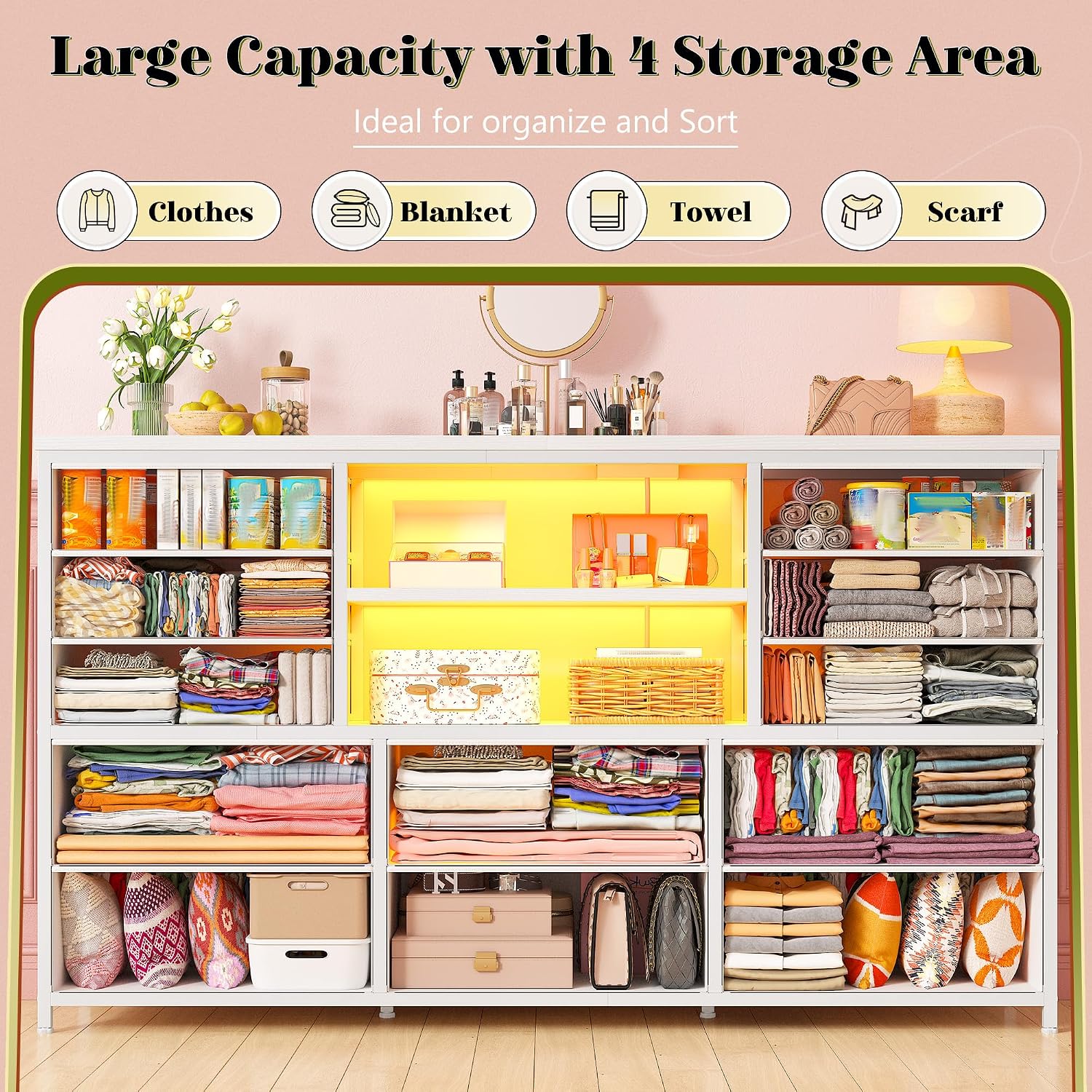EnHomee 12 Drawers Dresser for Bedroom with LED Lights & Charging Station, TV Stands for 55/60'' TV, Fabric Dressers & Chests of Drawers with 3 Wooden Shelves for Hallway,Sturdy,White