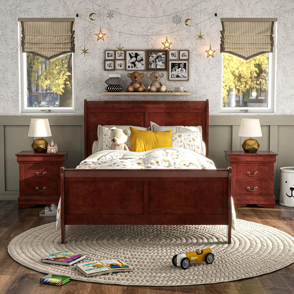 Furniture of America Louis Phillipe Traditional Solid Wood 3 Piece Bedroom Set, Twin Bed Frame and Nightstands Set of 2, Chic Sleigh Bedframe with Headboard and Footboard, Box Spring Needed, Cherry