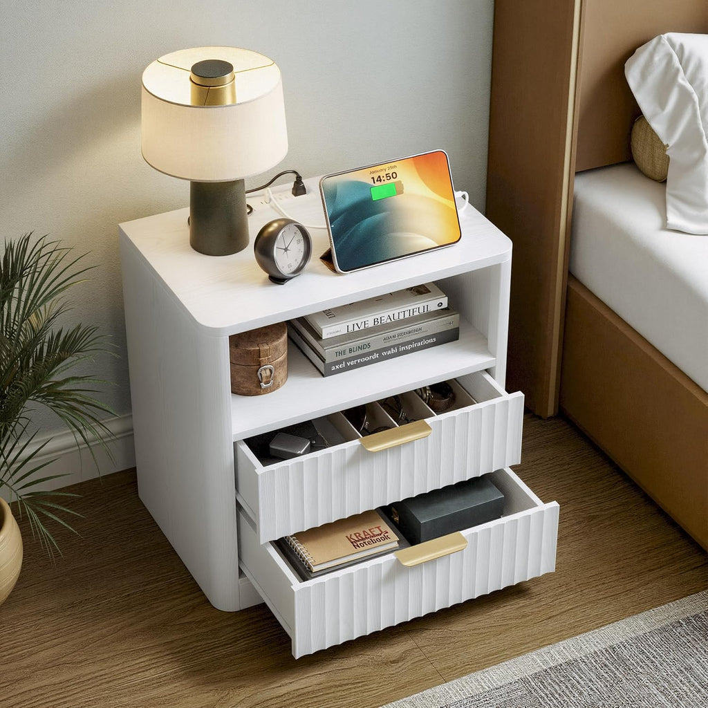 IRONCK Fluted Night Stand Set of 2, Modern Nightstand with Charging Station, Drawers and Open Shelves - Bedside Table Wood Side Table Set for Bedroom, White