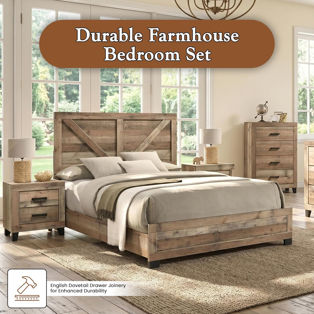 Kings Brand Furniture 6-Piece Antique Natural Queen Size Bedroom Set - Bed, Dresser, Mirror, Chest and 2 Nightstands