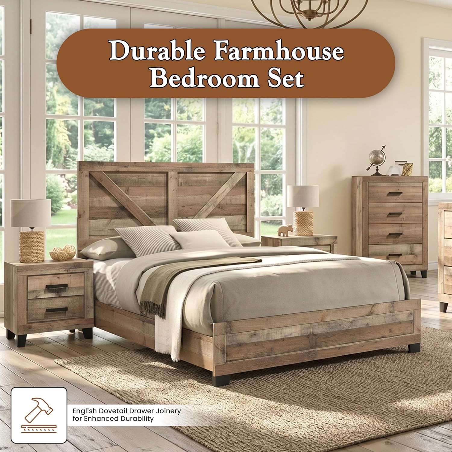 Kings Brand Furniture 6-Piece Antique Natural King Size Bedroom Set - Bed, Dresser, Mirror, Chest and 2 Nightstands