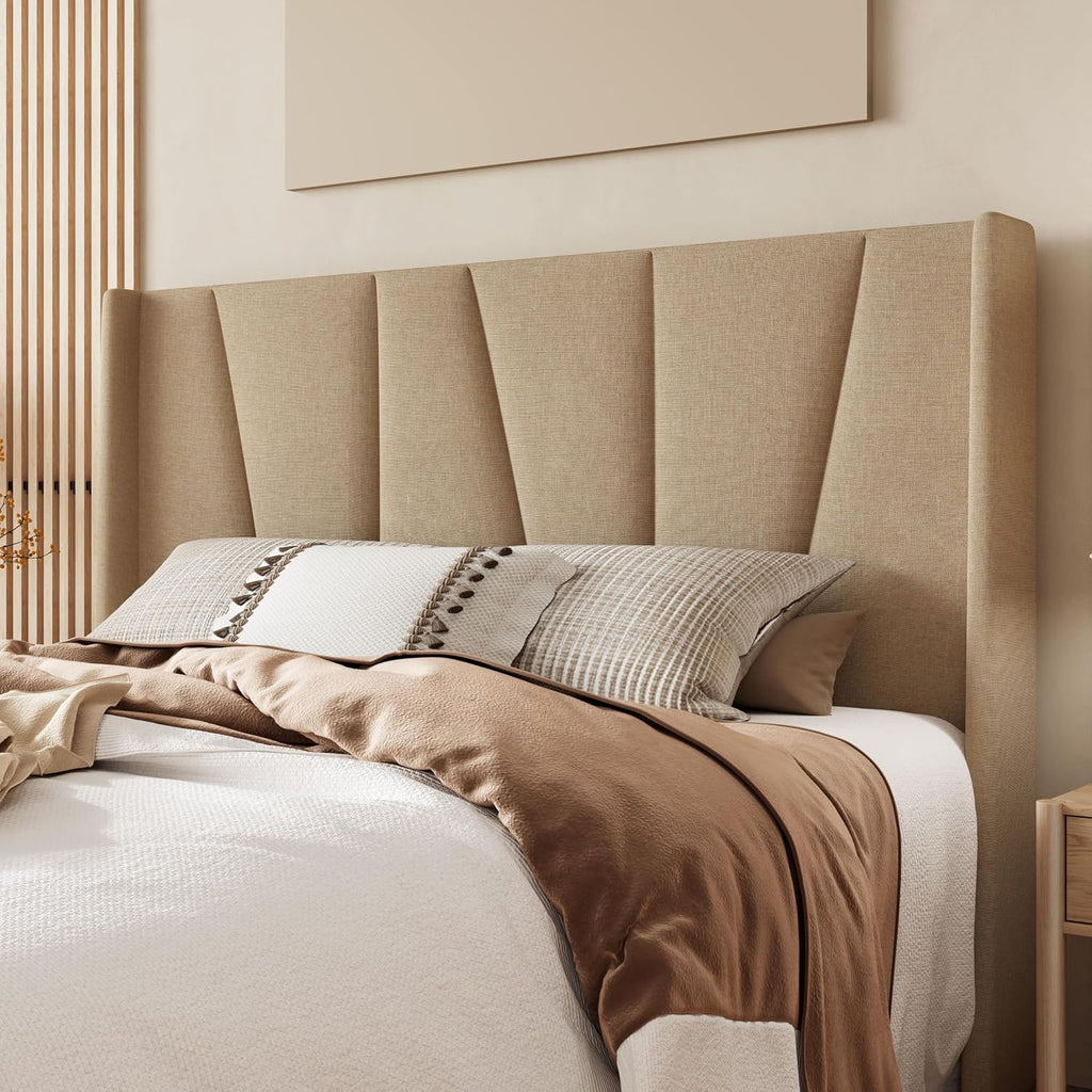 Allewie Full Size Platform Bed Frame with Geometric Wingback Headboard, Boho Upholstered Bed with Wooden Slats Support, No Box Spring Needed, Easy Assembly, Beige