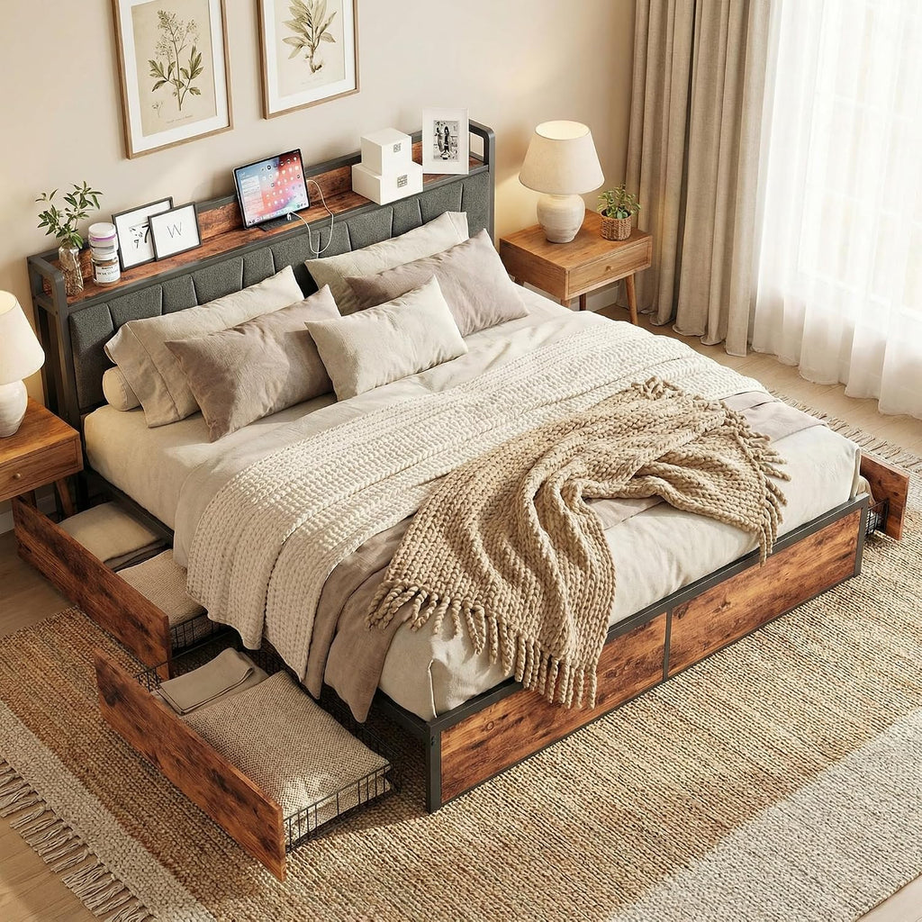 LIKIMIO King Bed Frame with 4 Storage Drawers, Platform Bed with Charged Headboard, Sturdy and Stable, No Noise, No Box Spring Needed, Easy to Install, Vintage Brown and Gray