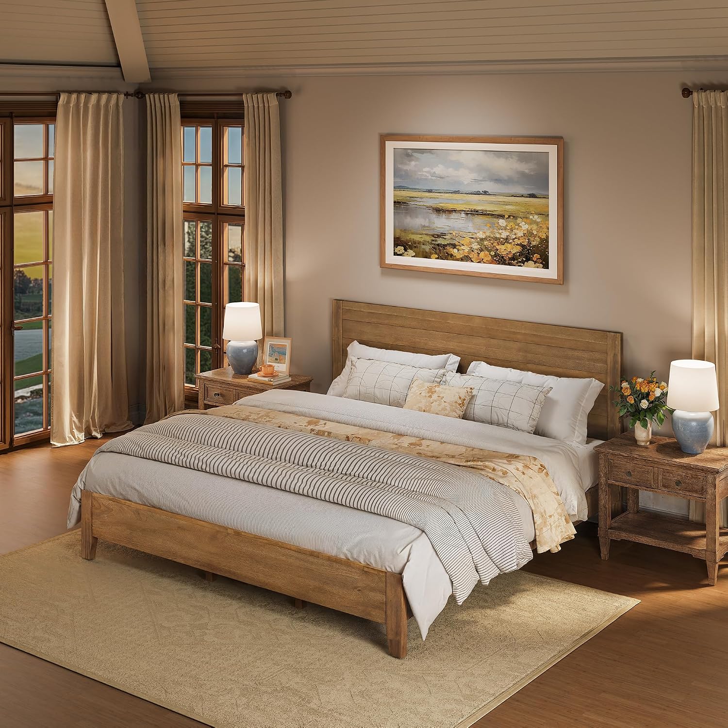 Cozyman King Bed Frame and Headboard, 100% Solid Acacia Wood Platform, 800lb Heavy Duty Support with 10 Reinforced Legs, Noise-Free No Box Spring Needed, Low-Profile Design, Dark Wood