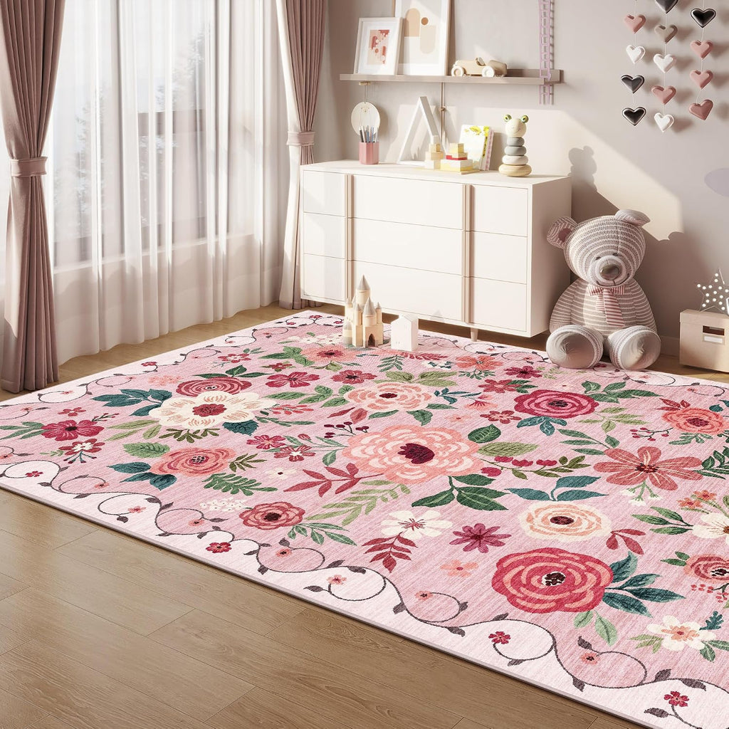 DUKINO 8x10 Area Rug, Floral Rugs for Living Room, Lightweight Non Slip Washable Rug, Indoor Low Pile & Non-Shedding Boho Design Rugs for Bedroom, Living Room, Dining Room, Pink