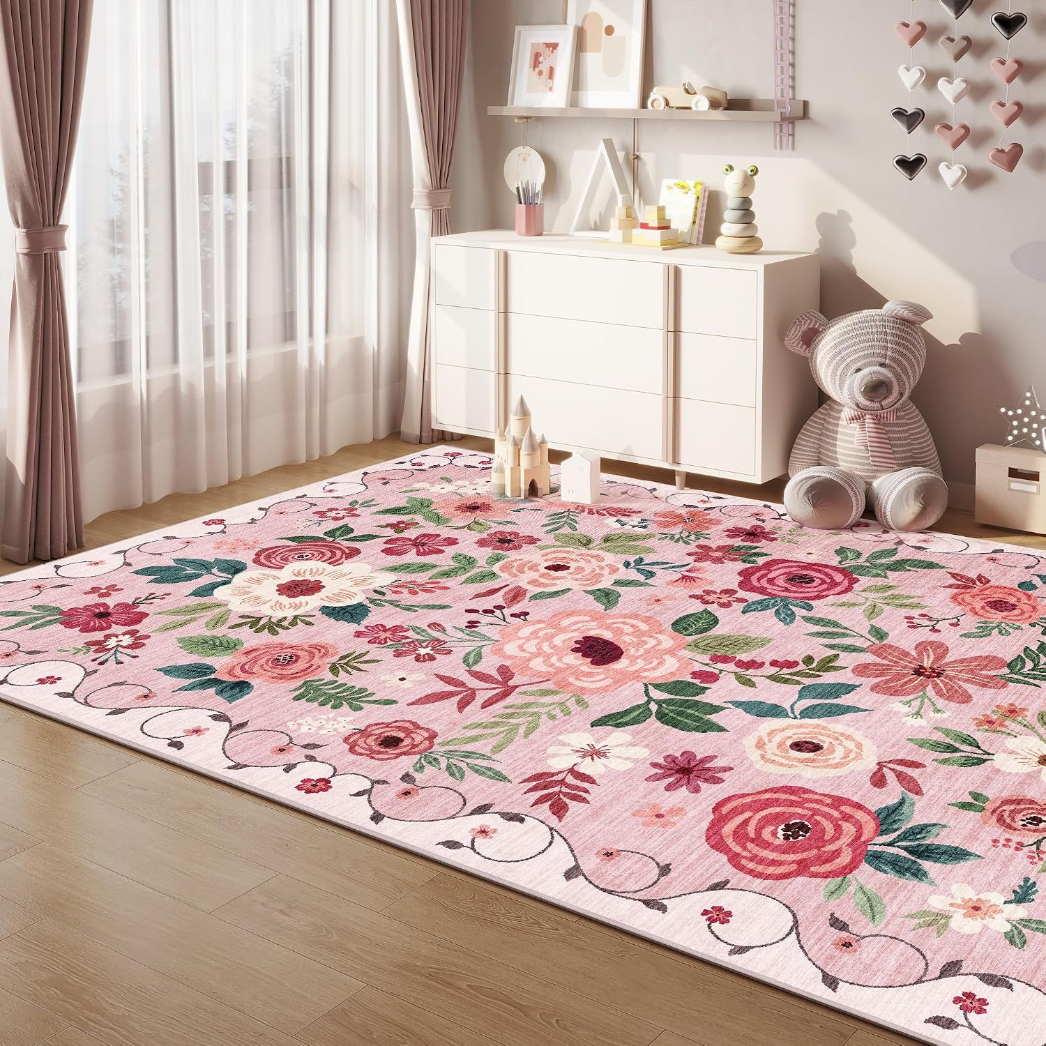 DUKINO 8x10 Area Rug, Floral Rugs for Living Room, Lightweight Non Slip Washable Rug, Indoor Low Pile & Non-Shedding Boho Design Rugs for Bedroom, Living Room, Dining Room, Pink