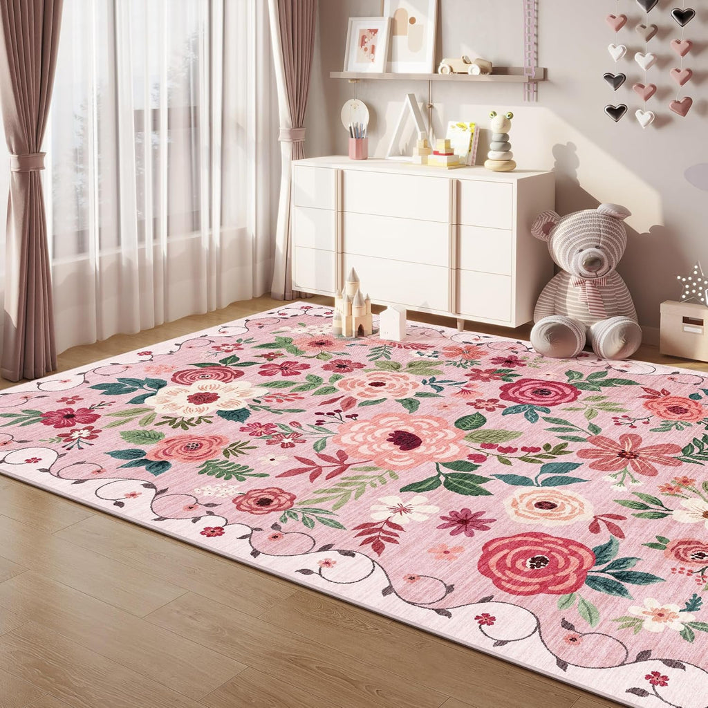 DUKINO 9x12 Area Rug, Floral Rugs for Living Room, Lightweight Non Slip Washable Rug, Indoor Low Pile & Non-Shedding Boho Design Rugs for Bedroom, Living Room, Dining Room, Pink