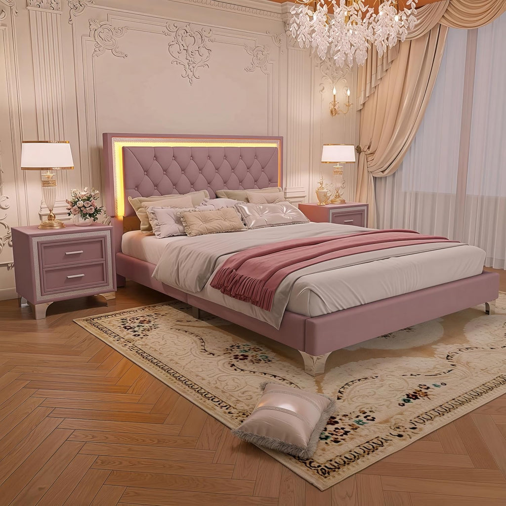 Flieks Bedroom Sets, 3-Pieces Bedroom Sets, Queen Size Upholstered Platform Bed with LED Lights and 2 Nightstands, Pink