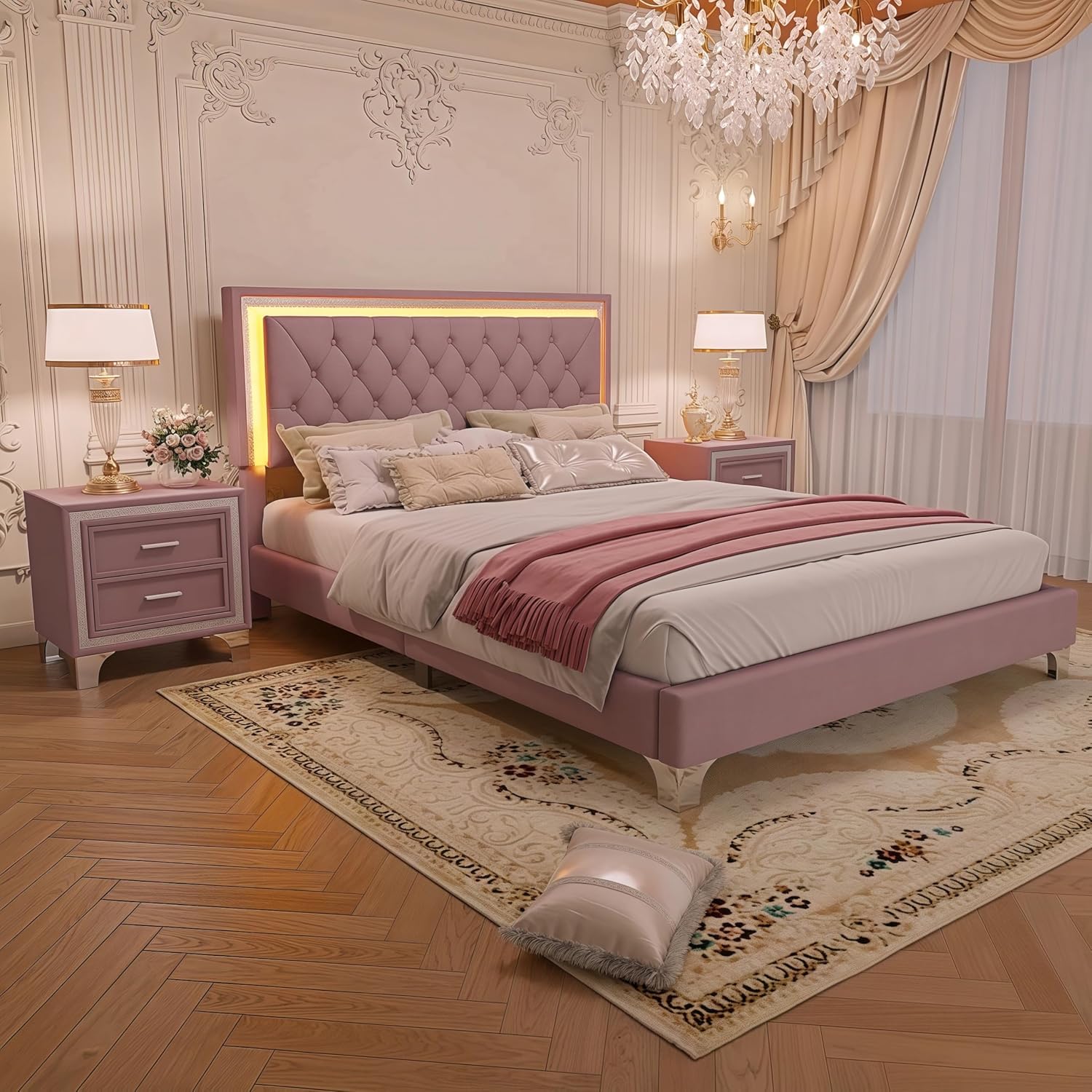 Flieks Bedroom Sets, 3-Pieces Bedroom Sets, Queen Size Upholstered Platform Bed with LED Lights and 2 Nightstands, Pink